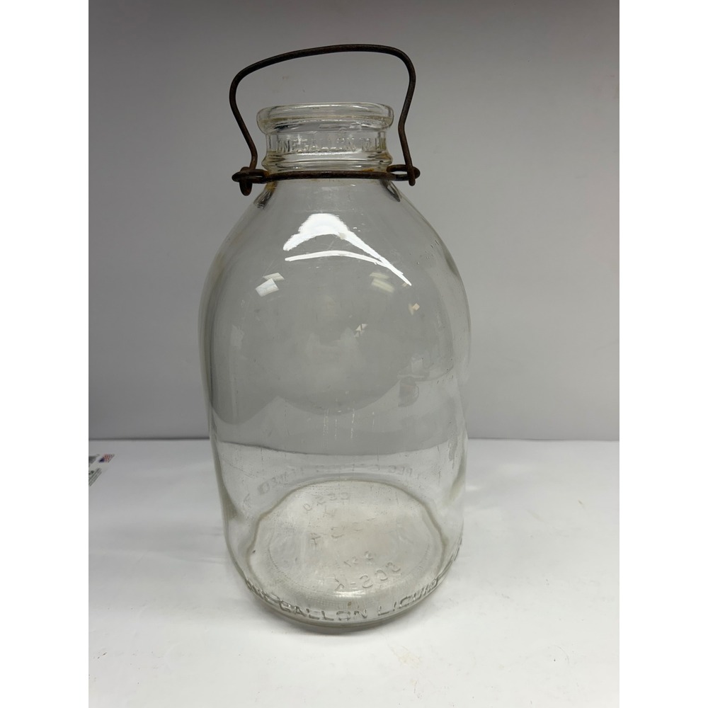 Vintage One Gallon Clear Glass Jug with Metal Bale Handle Farmhouse Decor Bottle